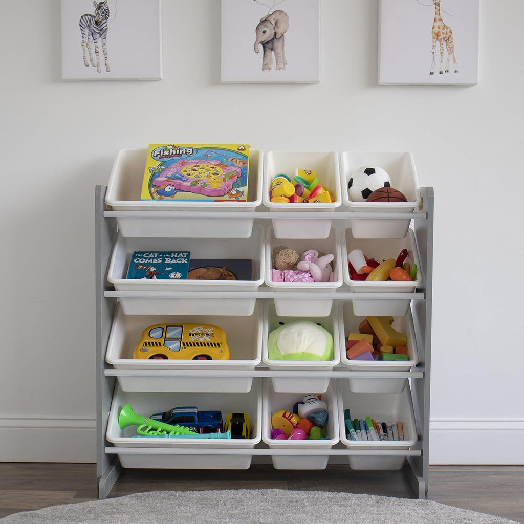 Toy Storage Organizer with 12 Removable Storage Bins for Kids Playroom, 4-Tier Toddler Toy Organization, Grey/White