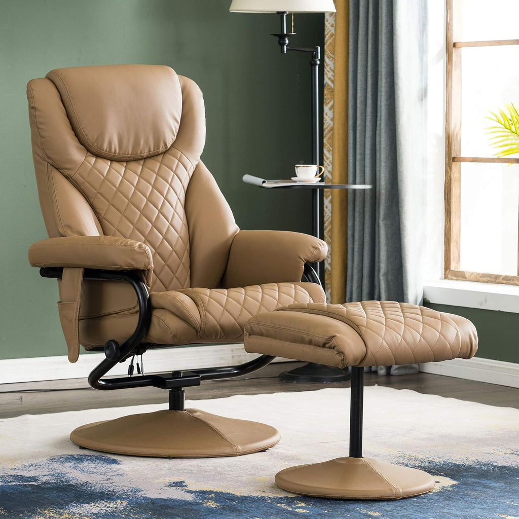Modern Reclining Swivel Lounge Chair and Ottoman — Cognac Faux Leather