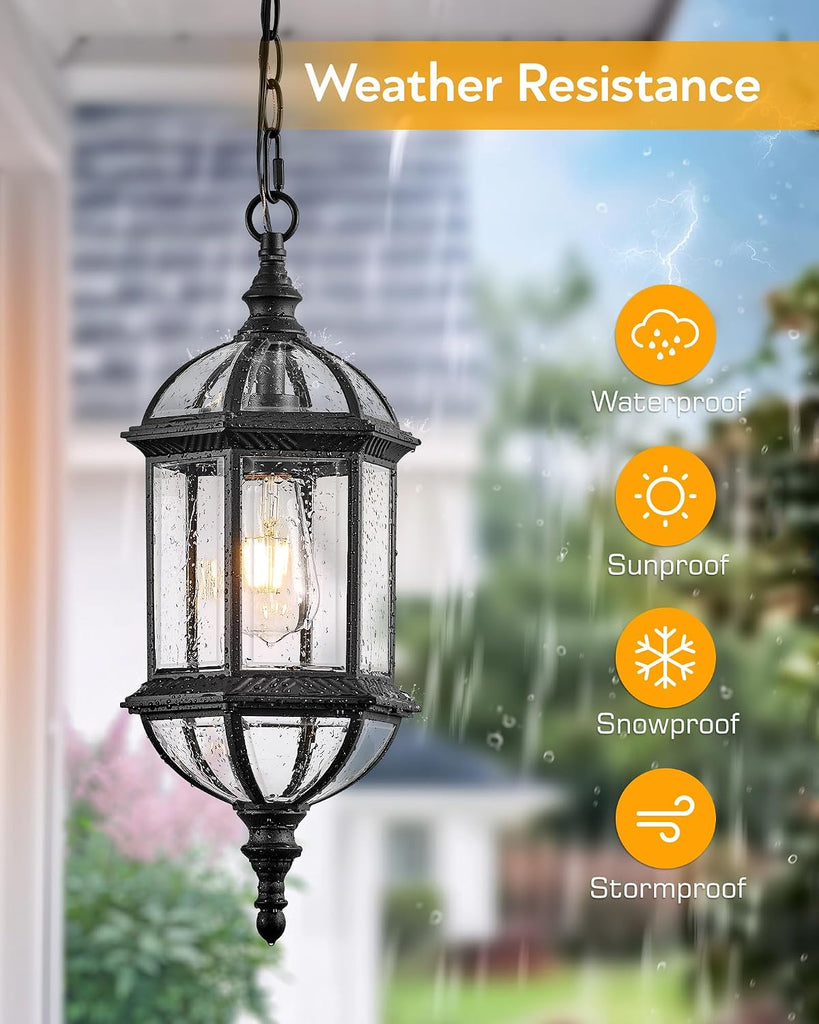 20" Large Outdoor Pendant Light, Black Outdoor Chandelier for Porch with Tempered Beveled Glass