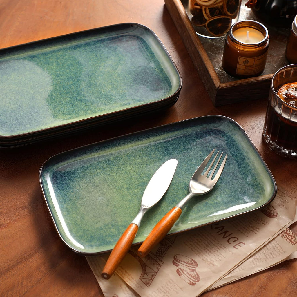 Stern Serving Platters Set of 4, 11 Inches Rectangular Ceramic Serving Plates, Green Serving Trays for Entertaining