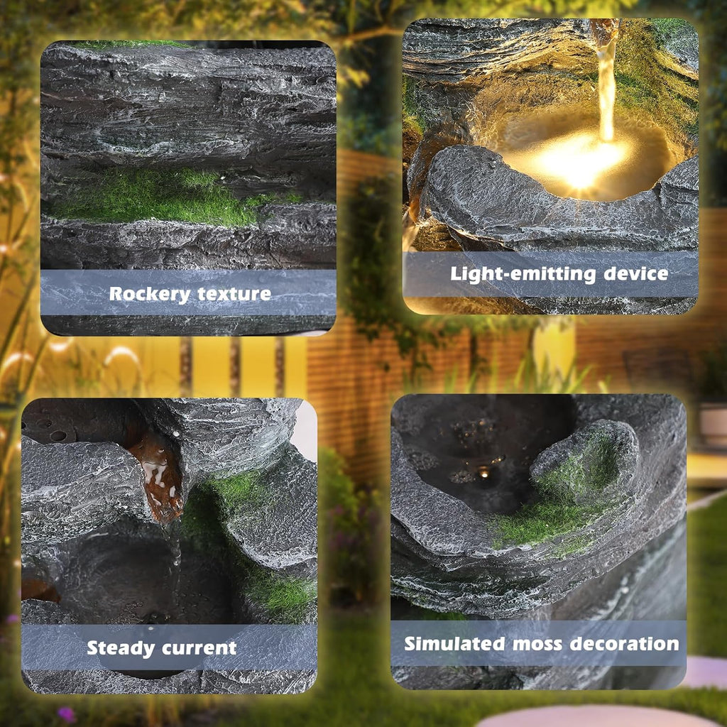 Outdoor 7-Tiers Cascading Rock Water Fountain, Waterfall Fountain with 6 LED Lights, Outdoor Fountains and Waterfalls