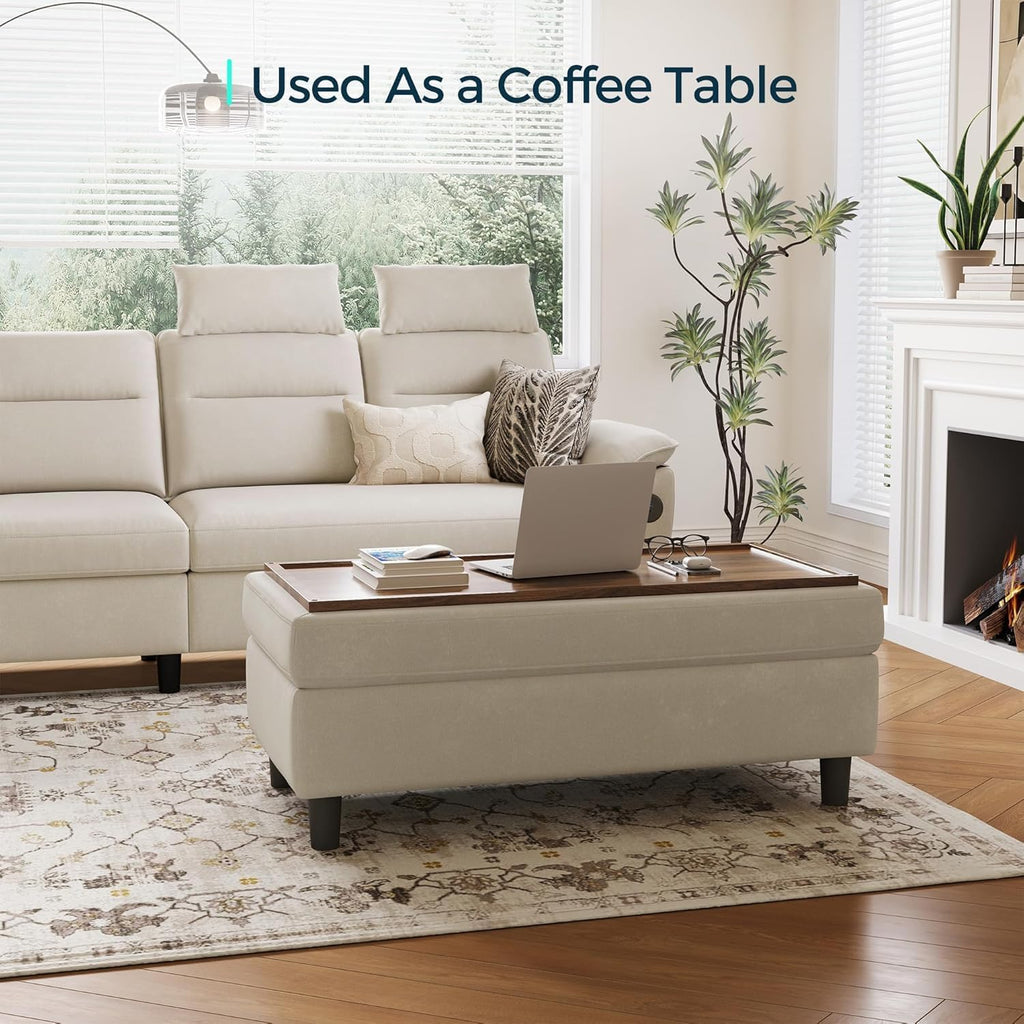 46 Inches Wide Storage Ottoman Bench, Linen Coffee Table Folding Long Shoes Bench Footstool, Storage Chest, Foot Rest