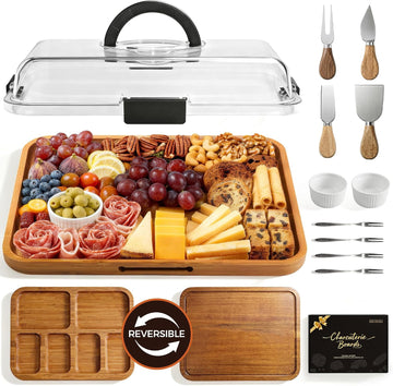 Charcuterie Board with Lid, Carbonized Bamboo, Knives Set and Bowls | Portable Double-Sided Locking Design, Cheese