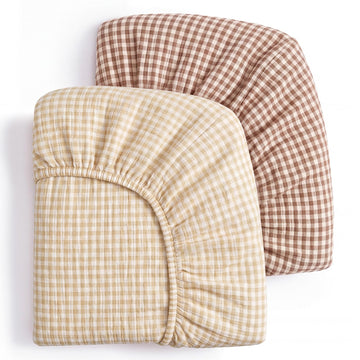 Muslin Mini Crib Sheets, 2 Pack, Beige Gingham&Brown Gingham