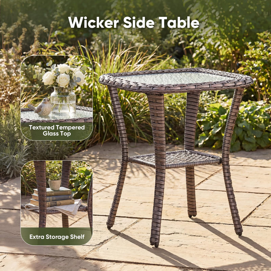 Patio Bistro Set Wicker Chairs, 3 Piece Outdoor Rattan Conversation Set with 2 Armrest Chair and 1 Side Table for
