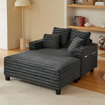 64" Oversized Chaise Lounge Chair with Wood Frame, 2 Cup Holders | 4 Storage Pockets, Plush Corduroy Fabric