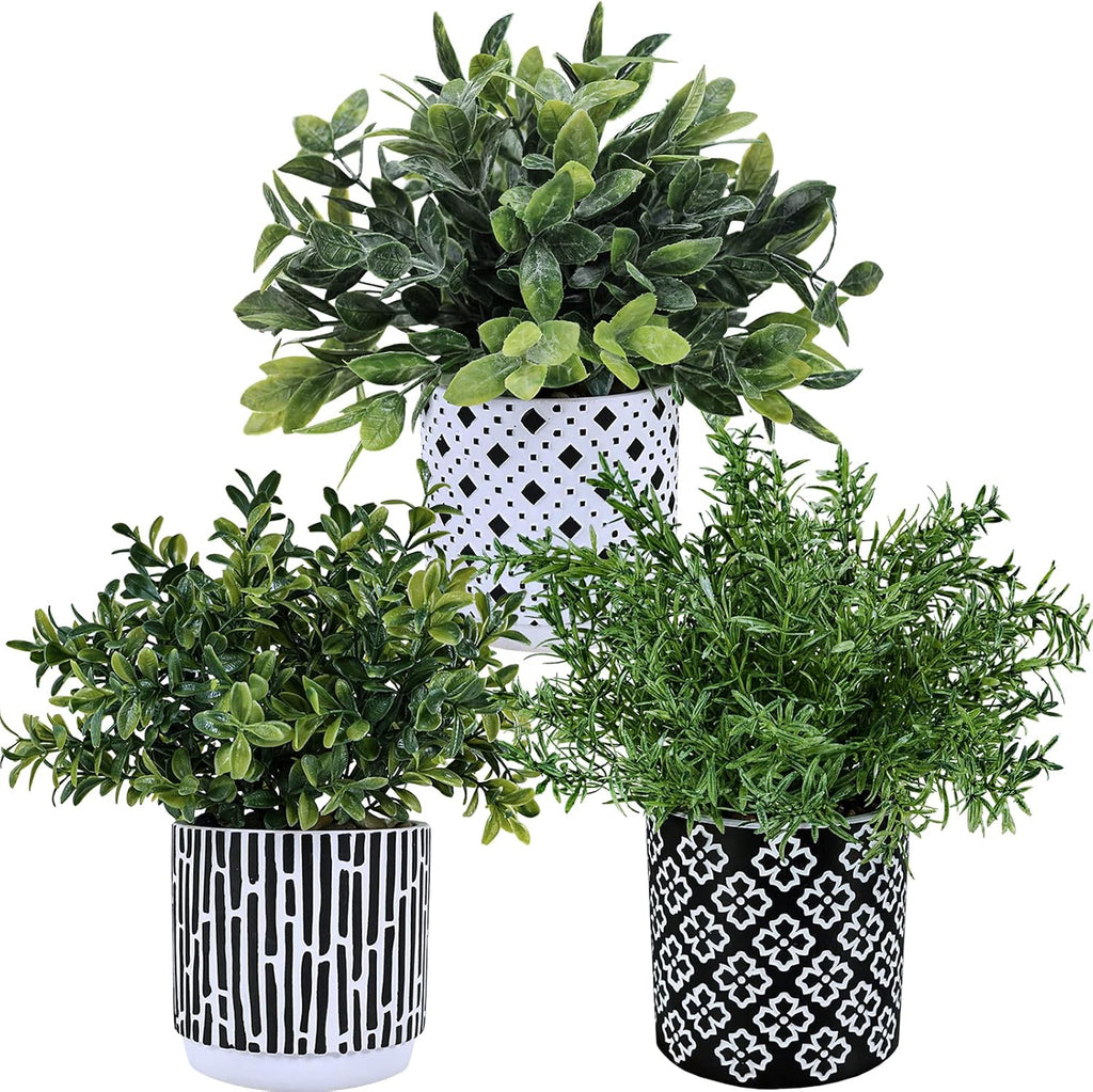 3-Pack Artificial Potted Plants - Faux Eucalyptus, Rosemary, Boxwood Greenery in Small Black & White Geometric