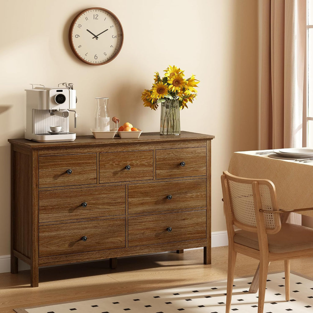 47" Walnut Dresser with 7 Drawer & Metal Handles | Wood Dressers & Chests of Drawers with Wide Drawers for Hallyway