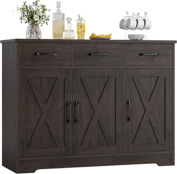 Kitchen Buffet Cabinet with Storage, Sideboard Coffee Bar, Brown | Farmhouse Kitchen Storage Cabinet with 3 Drawers &