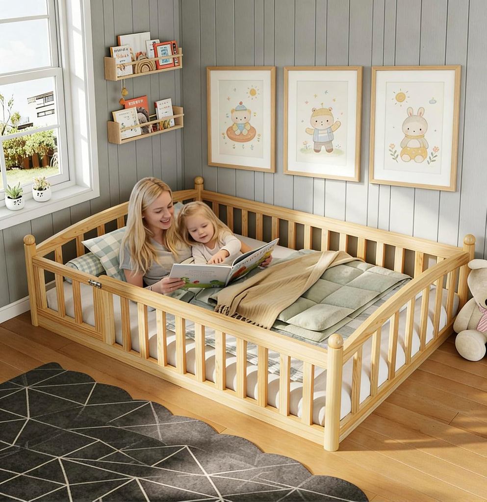 Twin Size Montessori Floor Bed with Door and Safety Guardrail, Solid Wood Low Profile Bed Frame with Slats, Easy