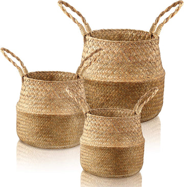 3 Set Seagrass Belly Storage Basket Woven Plant Pot Holder with Handles for Plants Picnic Grocery Laundry(Natural