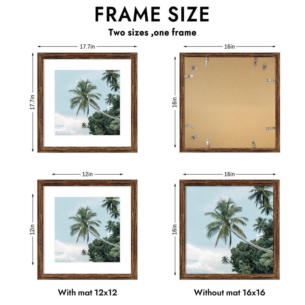 16x16 Frame, 16 x 16 Rustic Brown Wood Style (12x12 Mat, 1 Pack)