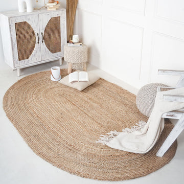 Large Jute Area Rug 8'x 10' Natural Hand Woven Boho Reversible Braided Farmhouse Oval Rugs