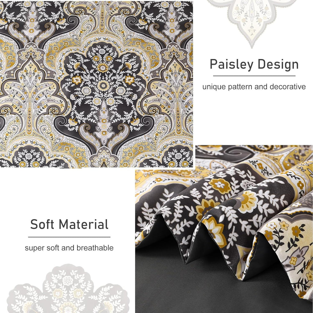 Drucon Boho Paisley Comforter Set Queen, 7 Pieces Bed in a Bag Black Gold Comforter Set