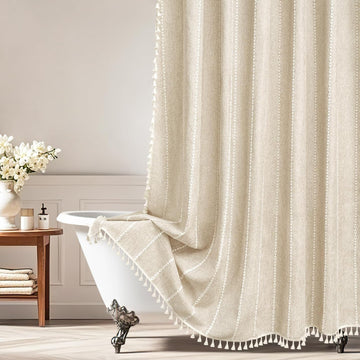 Boho Farmhouse Linen Shower Curtain with Tassels, Heavyweight Soft Fabric Shower Curtain Beige Water Repellent, 72 x
