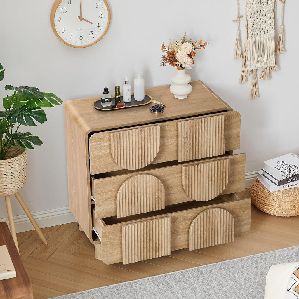 3 Drawer Dressers , 31.5" Wide Large Mid Century Modern Fluted Nightstand, Wood Dresser & Chest of Drawers with