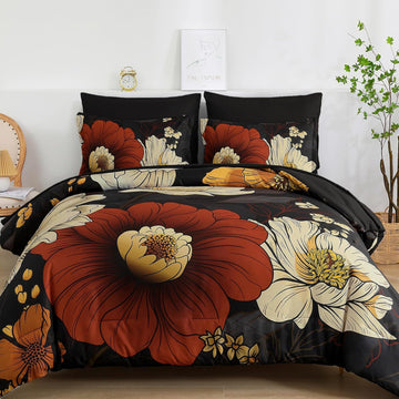 Black Floral Comforter Set 7 Pieces Bed in a Bag Flower Bedding Sets Lightweight Boho Bed Set