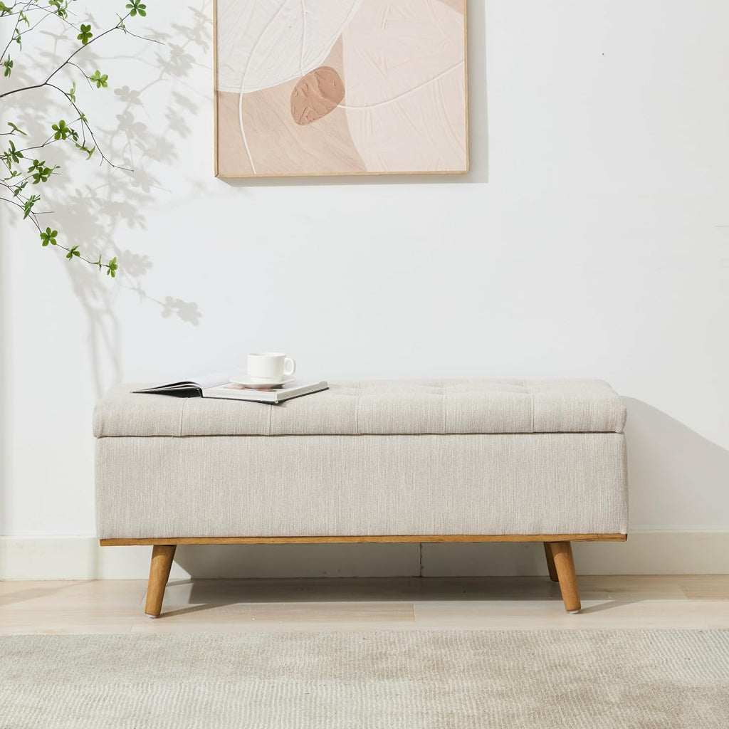 Storage Ottoman Bench, 45" End of Bed Bench, Beige | Hidden Storage Space, Linen Upholstery, Padded Cushion Top