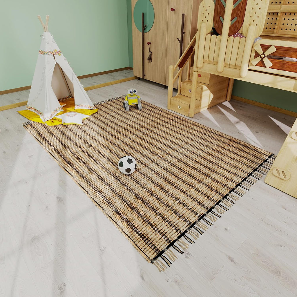 Jute Area Rug 8x10 ft - Soft Handwoven Striped Natural Fiber Rug, Eco-Friendly Braided Indoor Floor Mat, Non-Slip