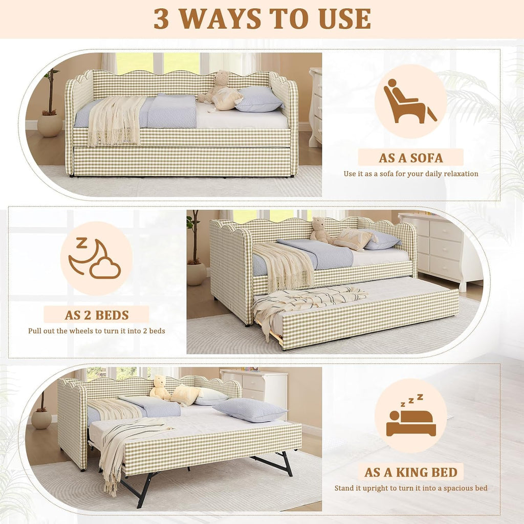 Twin Size Gingham Daybed with Trundle, Upholstered Linen Day Bed Frame with USB Ports & Wave-Shaped Backrest, Modern