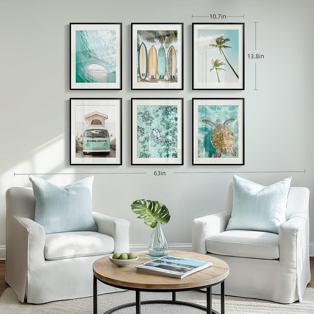 Framed Coastal Beach Wall Art , 6 Pcs Ocean Wave Surfboard Palm Tree Sea Turtle Canvas Artwork, Teal Green Summer