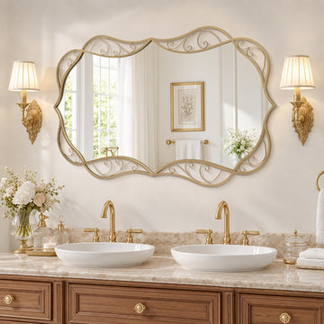 Vintage Brass Framed Mirror: 48"x30" Large Scalloped Wavy Mirrors