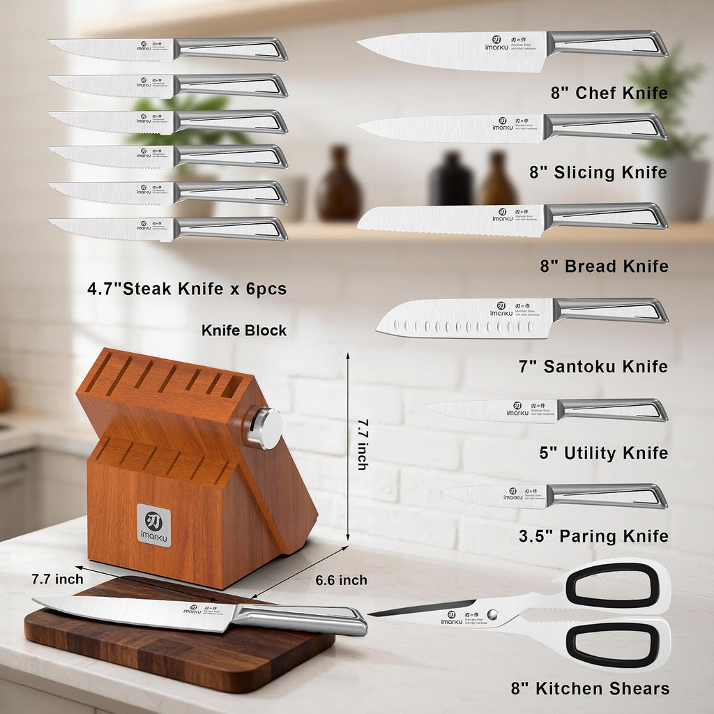High Carbon Stainless Steel Gyutou Knife Set with Block, Precision-Forged Razor Sharp 10-15° Edge, Ergonomic Non-Slip