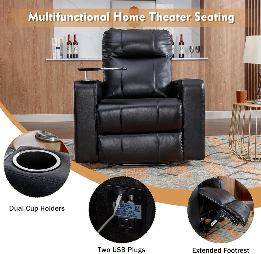 ANJ Power Recliner Chair with USB Ports, Faux Leather Home Theater Seating with Swivel Tray Table