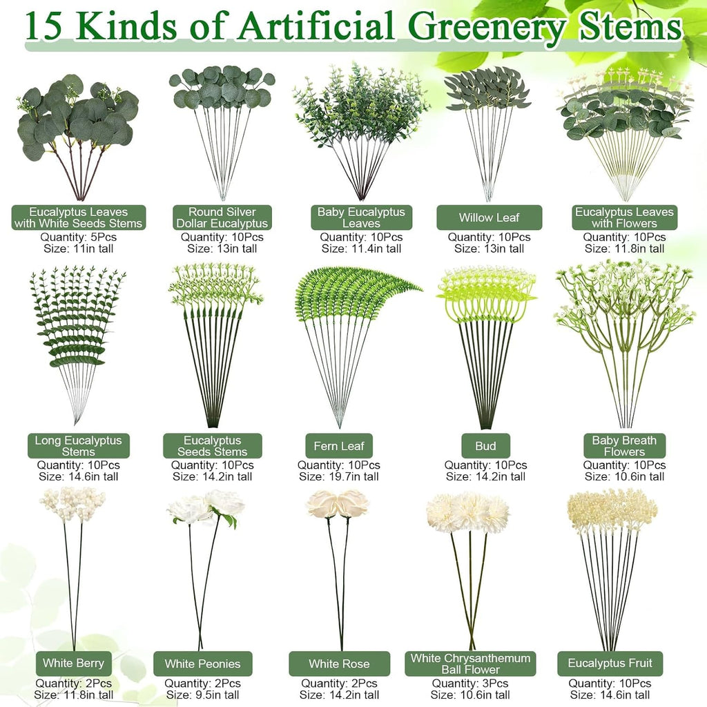 120 Pcs Mixed Artificial Eucalyptus Stems Flowers Bulk, 15 Kinds | Fake Silver Dollar Eucalyptus Faux Silk Greenery