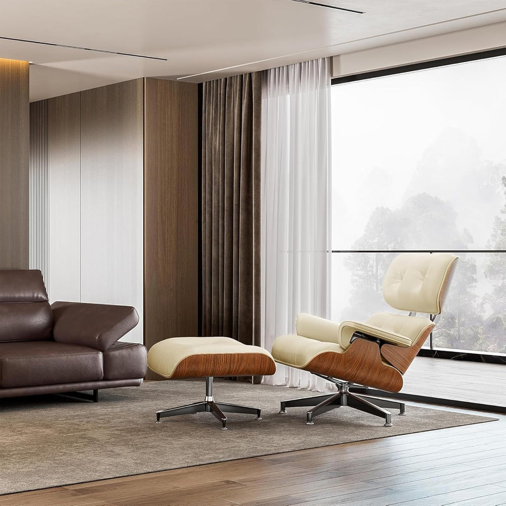 Mid-Century Modern Lounge Chair & Ottoman — Cream Bonded Grain Leather, Walnut Base, Premium Tall Back