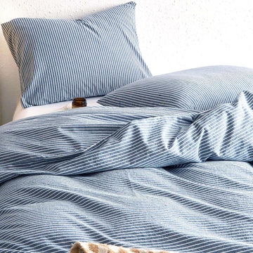 Striped Cotton Duvet Cover Set, 100% Washed Cotton Textured Bedding Set, Ticking Stripe Pinstripe Farmhouse, 3