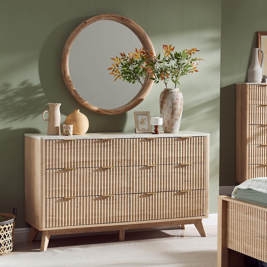54" Wide Fluted 6 Drawer Dresser , Natural Oak | Mid Century Modern, Faux Marble Top, Curved Profile, Metal Handles