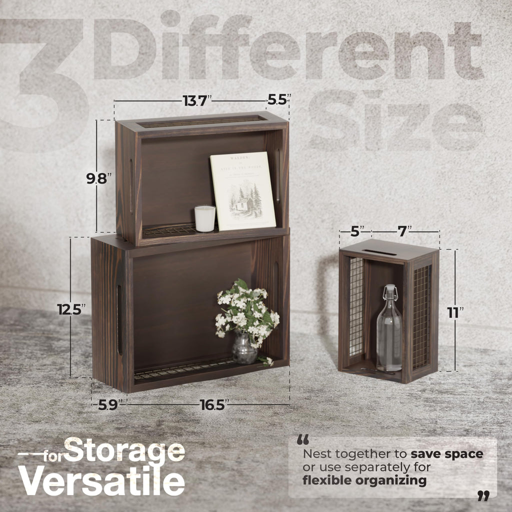 Set of 3 Wooden Nesting Countertop Baskets Wood Crates for Display