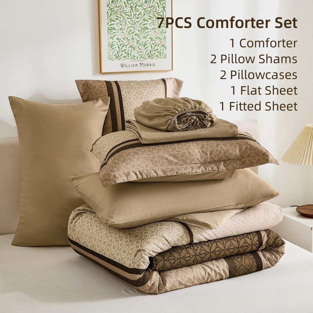 7 Pieces Comforter Set King Size, Brown Striped Fall Winter Bed in a Bag Comforter, Minimalist Geometric Bohemian