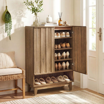 Shoe Cabinet with 2 Fluted Doors, 5-Tier Wooden Shoe Rack Organizer Cabinet with Removable Shelves, Freestanding Shoe