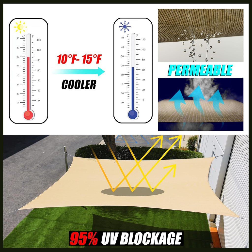 Beige 16' x 20' Sun Shade Sail Rectangle RSTAPRN1620-200GSM - Pergola Shade Sails Canopy - Canopy Mesh Fabric UV