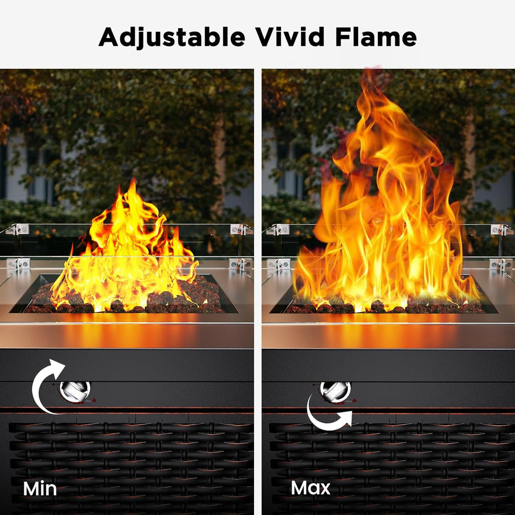 Propane Fire Pit, 28″ Outdoor Gas Fire Pit, 50,000 BTU Steel Fire Table with Glass Wind Guard, Lid & Lava Rock