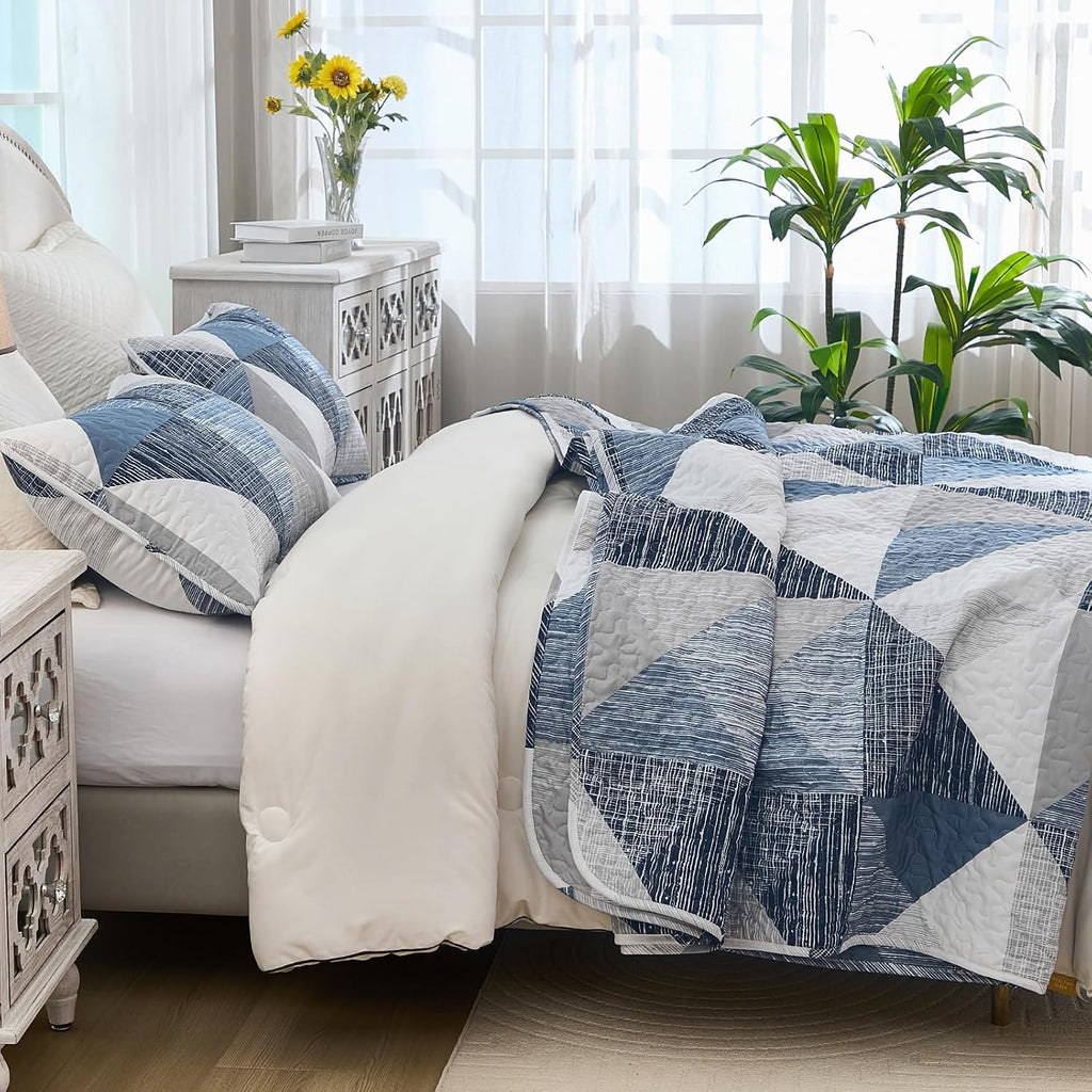 Quilt Queen Blue, 3 Pieces Patchwork Bedspread Bedding for Queen Bed, Soft Lightweight Microfiber Geometric Coverlet