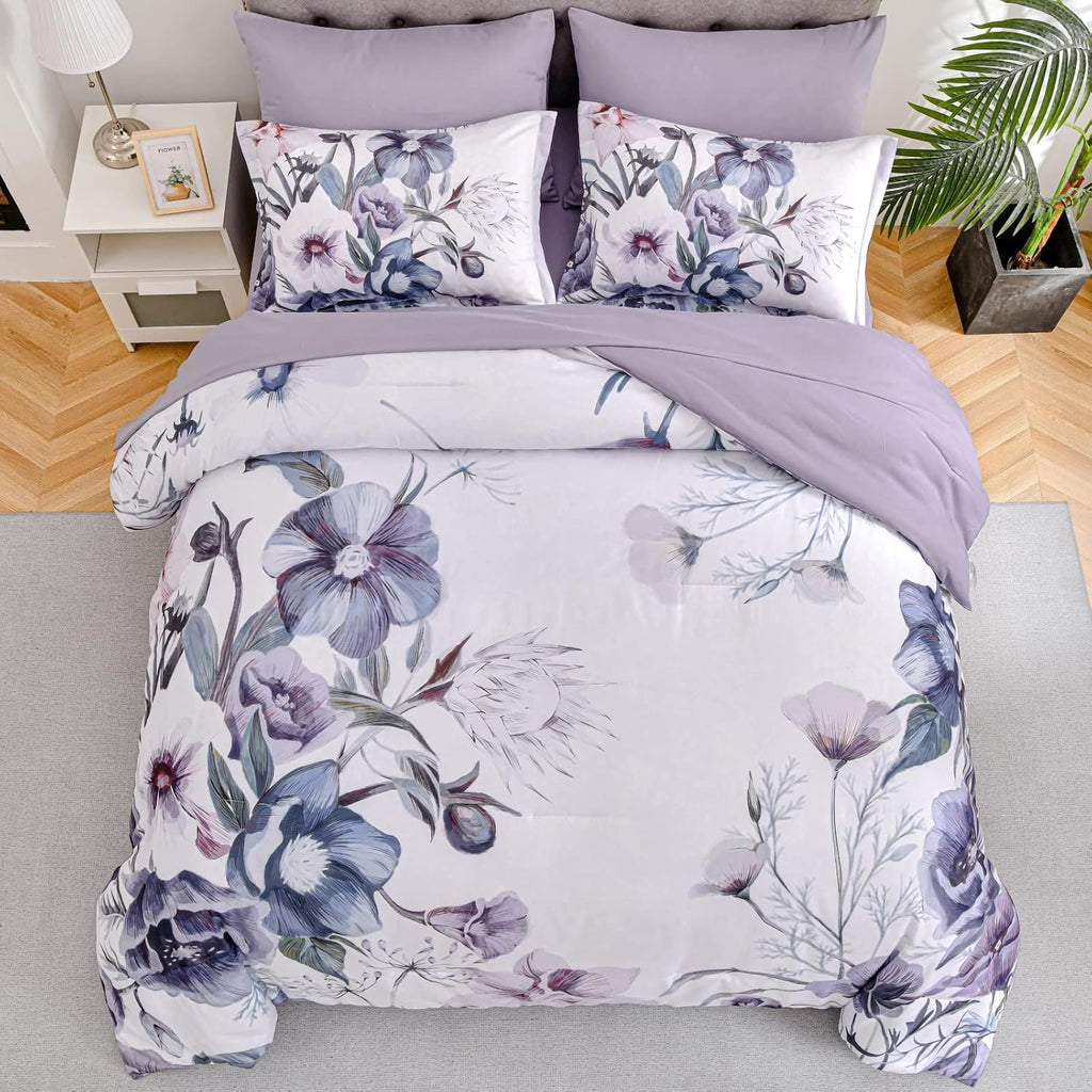 Floral Comforter Set Queen 7 Piece, Purple Flower Bed in a Bag, Elegant Floral Comforter with Sheet Set