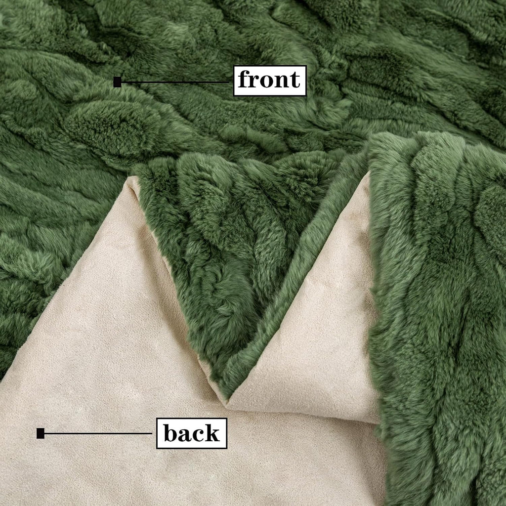 Rex Rabbit Fur Throw Blanket for Couch Bed, Olive Green, 55x78.7in | Luxury Rex Rabbit Skin Hide Large Blanket for