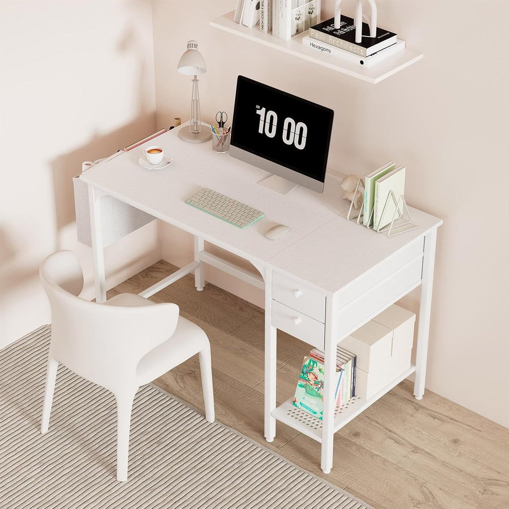 White Small Desk with Drawers - 40 Inch Computer Desk for Small Space Home Office