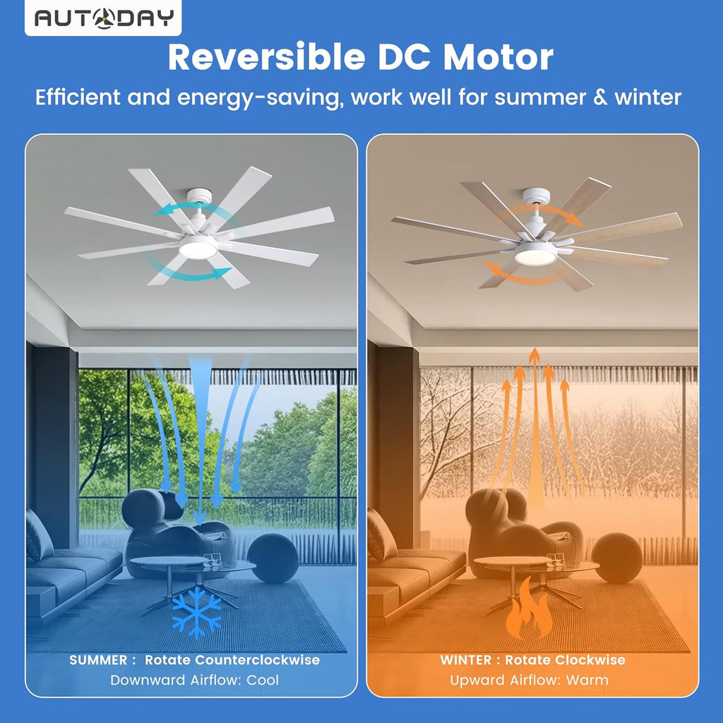 62" Ceiling Fan with LED Light and Remote - White / Light Natural Wood