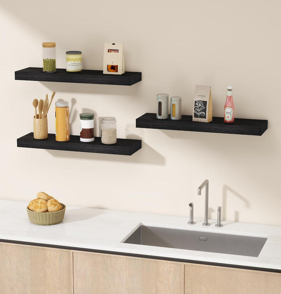 Black Rustic Floating Wall Shelves 24in Set of 3 Hidden | 3 Black Floating Shelves 24in , Rustic Wood Invisible