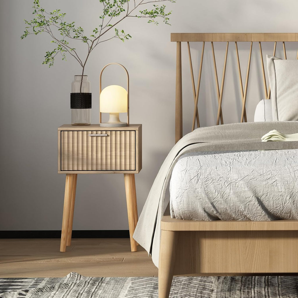 Nightstands Set of 2, Small Side Table, Bedside Table with Fluted Door, Solid Wood Feet; Modern Mid-Century End Table