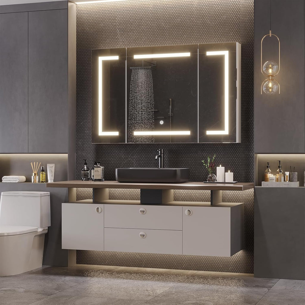 Medicine Cabinet with Mirror and LED Light, Wall Mounted Bathroom Mirror with Storage, 3 Doors Bathroom Wall Cabinet