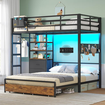 Twin Over Full Bunk Bed with 4 Storage Drawers and Bookshelf, Metal Bunk Beds with LED Lights, Charging Station