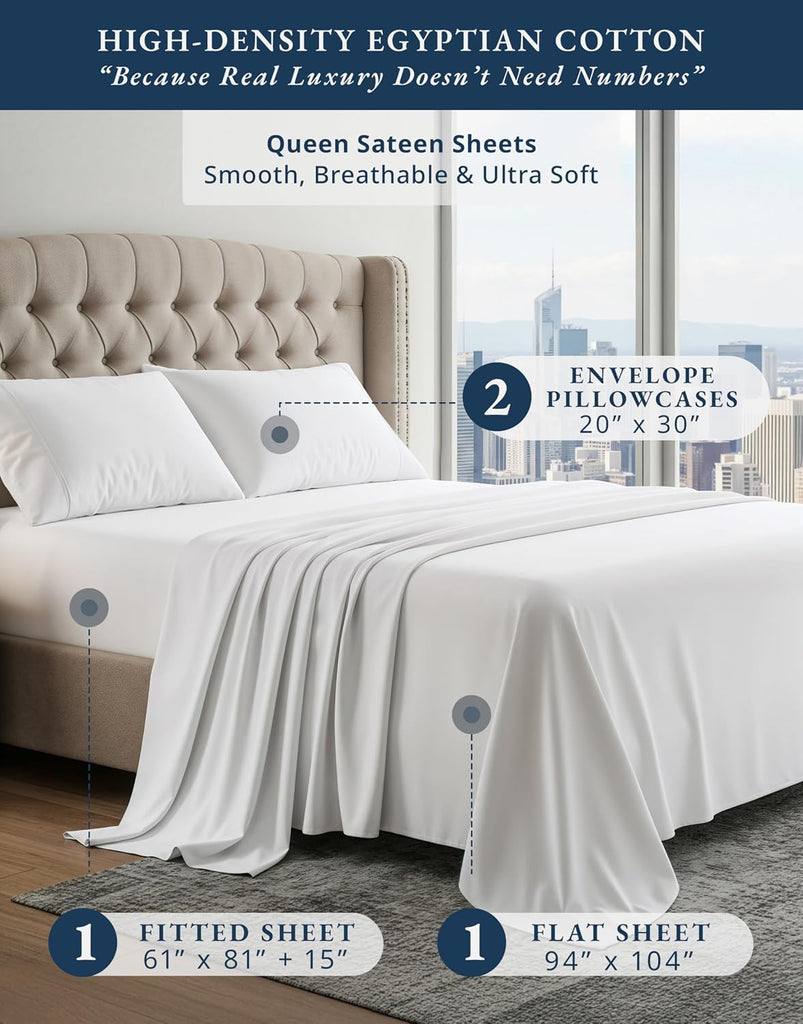 100% Egyptian Cotton Sheets - Naturally Cooling & Breathable 4 Piece Silky Sateen Weave Sheet Set
