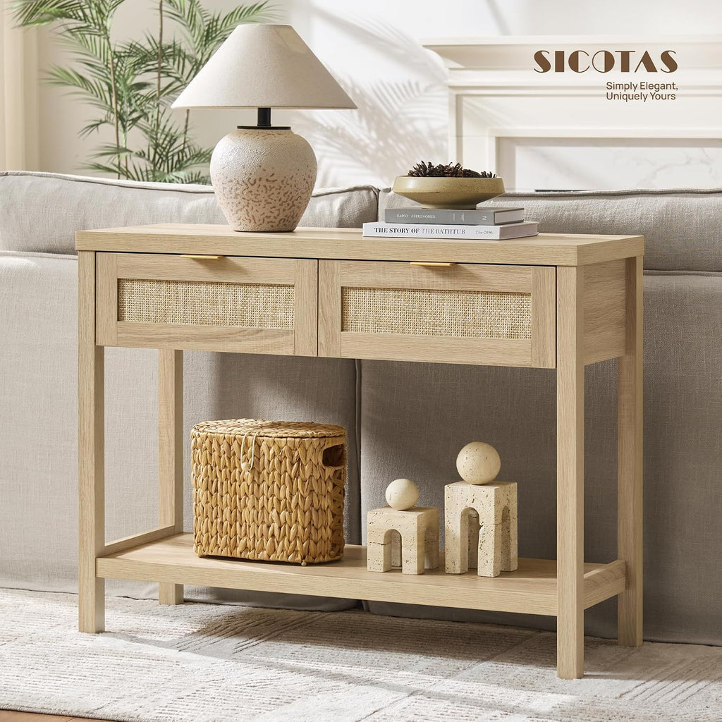 Rattan Console Table - Boho Entryway Table with Storage and Drawers, Small Entry Tables Behind Couch Table Sofa Table