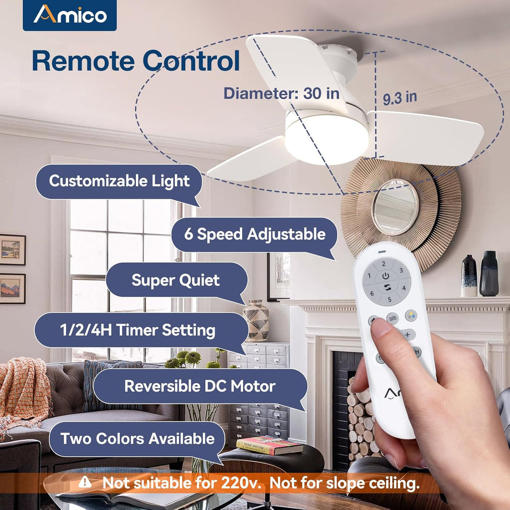 Ceiling Fans with Lights, 30 inch Low Profile Ceiling Fan with Light and Remote Control, Flush Mount, Reversible, 3CCT, Dimmable, Noiseless, White Ceiling Fan for Bedroom, Indoor/Outdoor Use