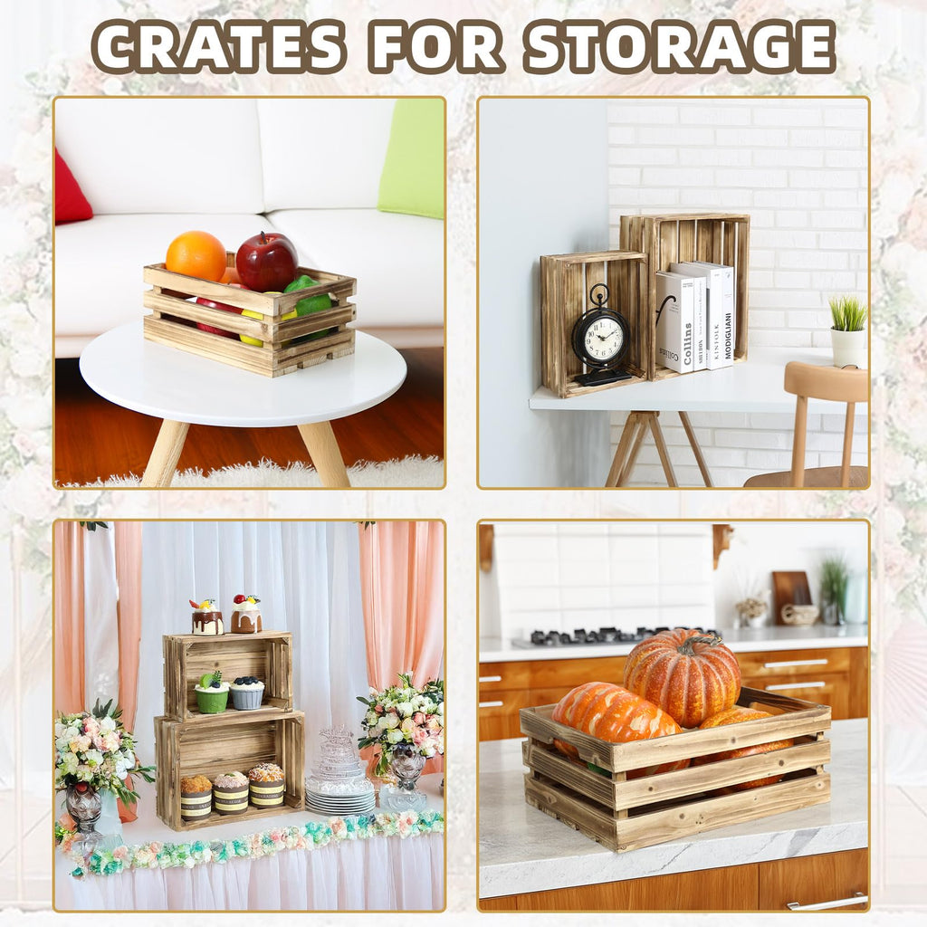 5-Piece Rustic Burnt Brown Wooden Crates Set, Wall Mountable Slatted Storage Crates with Handles, Farmhouse Wooden